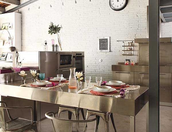 Modern Stainless Steel Kitchen Cabinets With Brickwall Decor