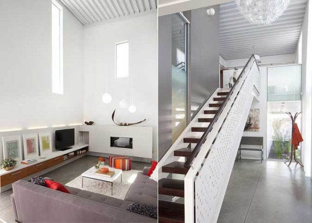 Modern Wood and White Stairs Design Beside Living Room