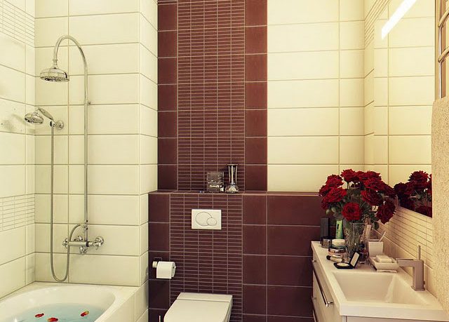Small Warm Bathroom with Brown and Beige Wall Color