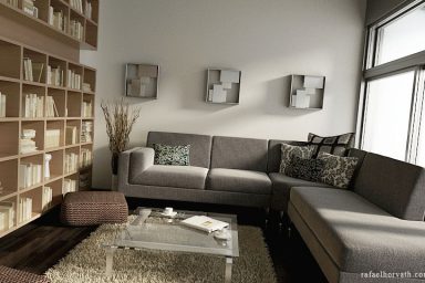 Warm Biege Living Room with Modern Bookshelf