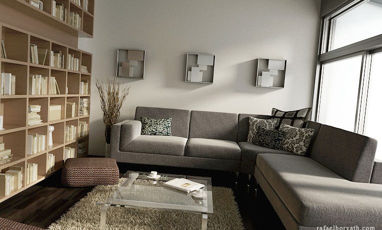 Warm Biege Living Room with Modern Bookshelf