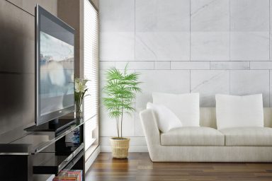White Couch and TV Living Room with Wooden Floor