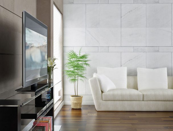 White Couch and TV Living Room with Wooden Floor