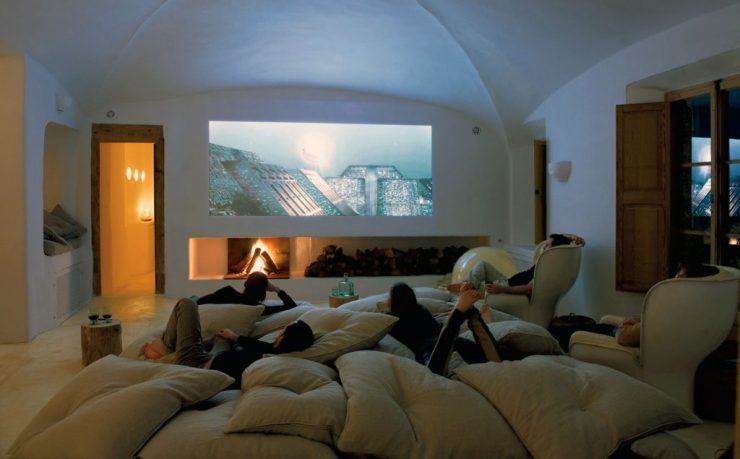 Cave Home Theatre Room with Fireplace