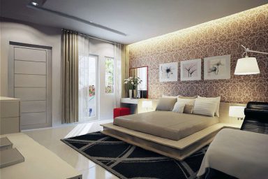 Chic Cream Modern Bedroom with Hanging Wall Art Decor