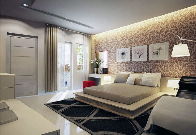 Chic Cream Modern Bedroom with Hanging Wall Art Decor