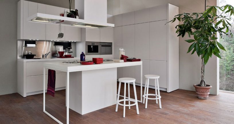 Clean White Smaller Kitchen with Wooden Floor Ideas