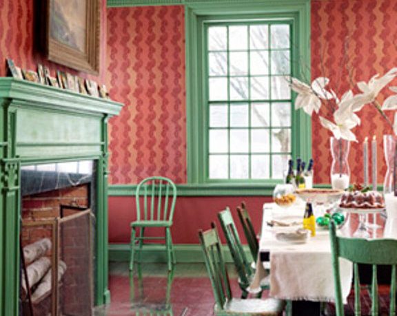 Green and Red Dinning Room with Fireplace