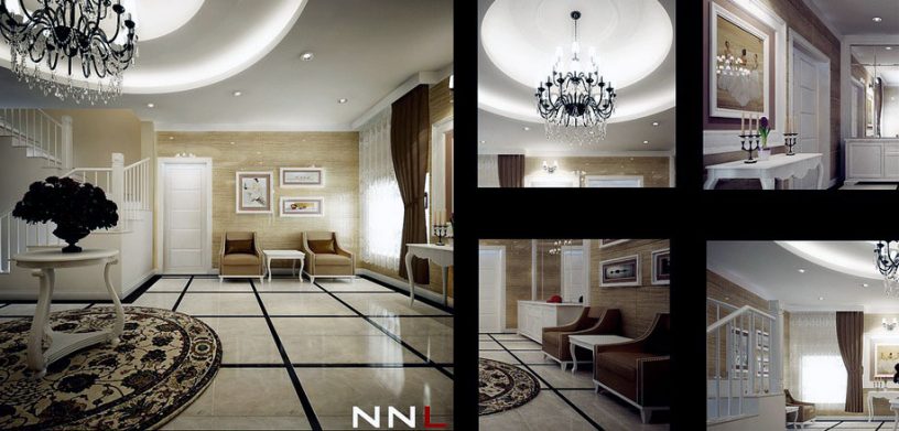 Hallway Reception Design with Modern Chandelier Decor