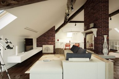 Living Room in Loft with Brick Walls Design