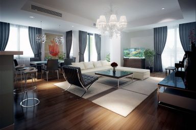 Luxury Black White Lounge with Modern Crystal Chandelier