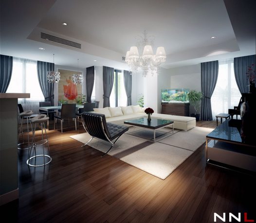 Luxury Black White Lounge with Modern Crystal Chandelier