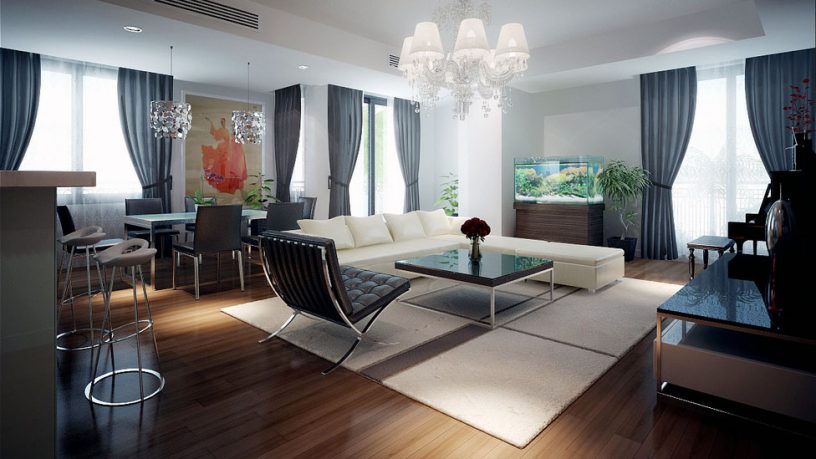Luxury Black White Lounge with Modern Crystal Chandelier