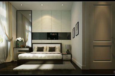 Master Bedroom with Ambiental Lighting and Large Curtain