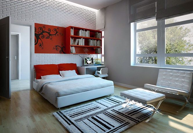 Minimalist Red White Bedroom with Striped Rugs Decor