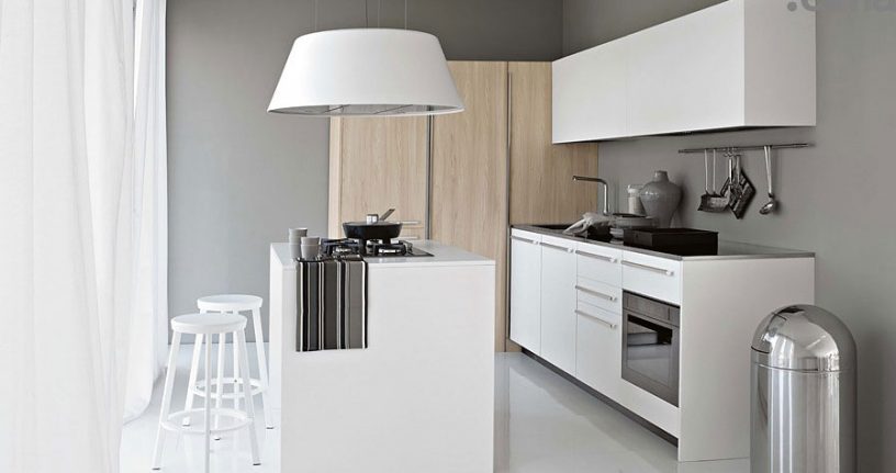 Modern Smaller White Kitchen with Light Wood Elements