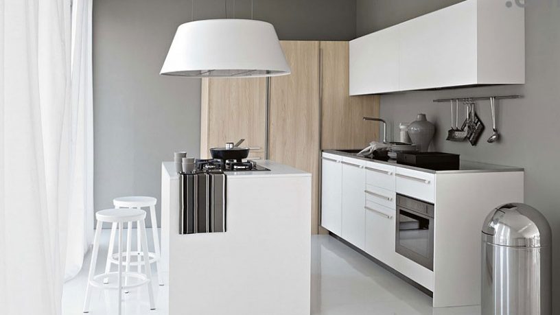 Modern Smaller White Kitchen with Light Wood Elements