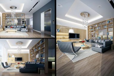Modern Wood Grey Lounge with Dark Couch Decor