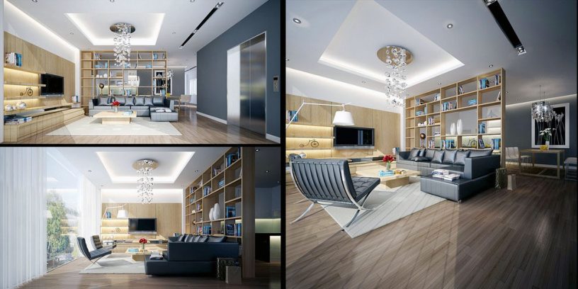 Modern Wood Grey Lounge with Dark Couch Decor