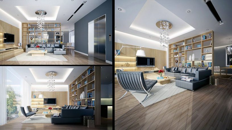 Modern Wood Grey Lounge with Dark Couch Decor