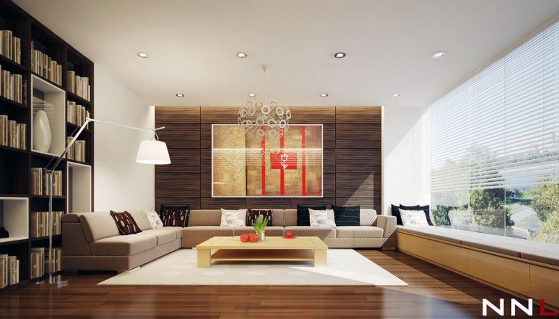 Neutral Living Room with Walnut Floor Design