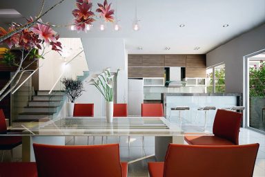 Red Chairs and White Dining Table with Flower Decor