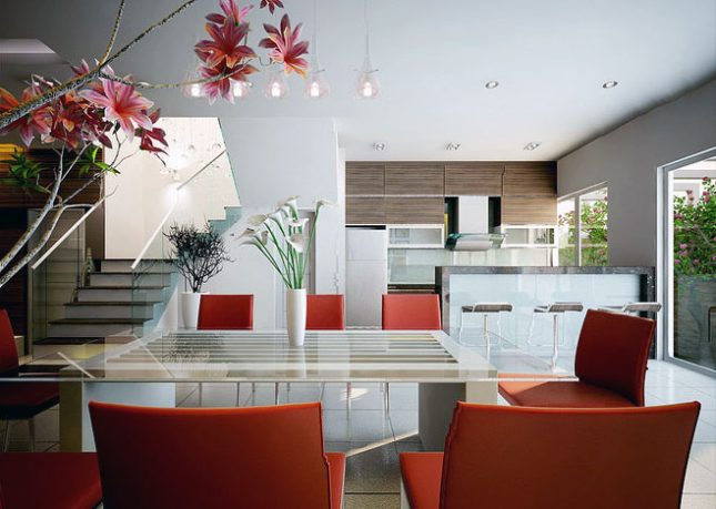 Red Chairs and White Dining Table with Flower Decor