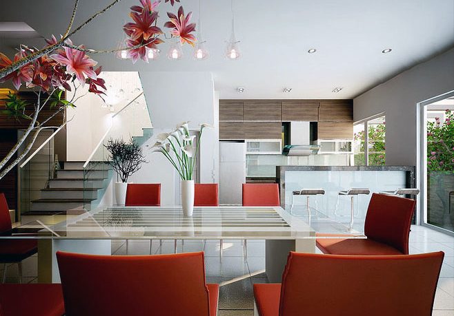 Red Chairs and White Dining Table with Flower Decor
