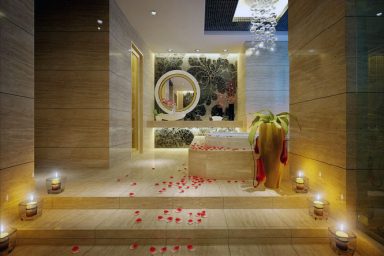 Romantic Steps to Bath with Candle and Rose