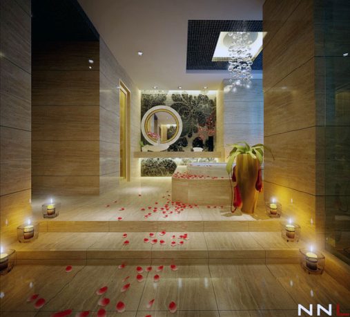Romantic Steps to Bath with Candle and Rose