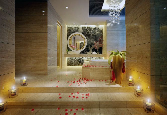 Romantic Steps to Bath with Candle and Rose