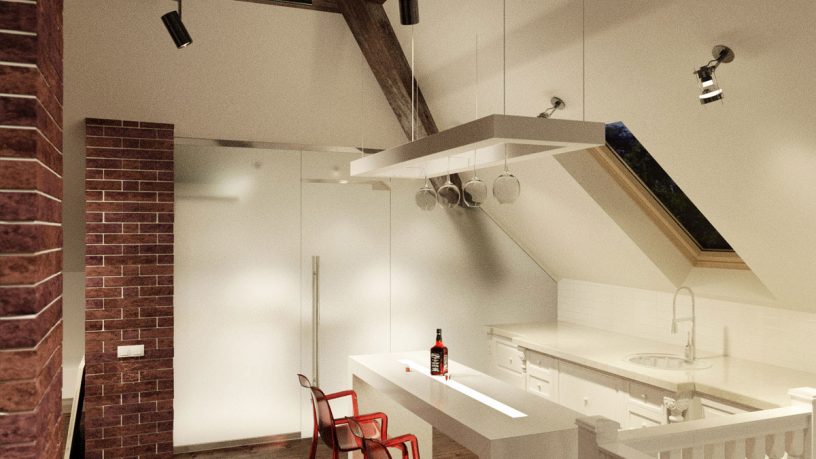 Small Apartment Kitchen with Brickwall Decor and Sloped Ceiling