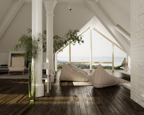 Stylish Living Areas with Wooden Floor and Sloped Ceiling