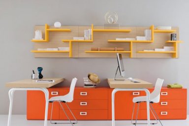 Twin Study Desk with Bright Orange Yellow Color Ideas