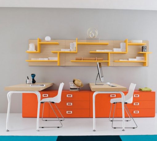 Twin Study Desk with Bright Orange Yellow Color Ideas