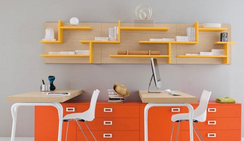 Twin Study Desk with Bright Orange Yellow Color Ideas