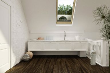 White Attic Kitchen with Sloped Ceiling