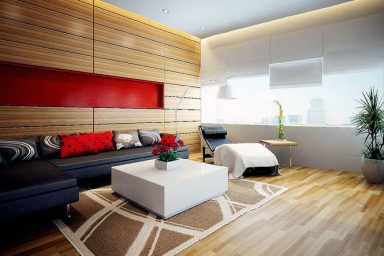 Wood Panel with Red Accent Living Room Design