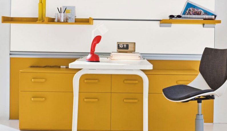 Yellow Furniture in Grey Kids Study Room
