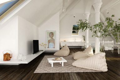 white living room in loft with slooping ceiling