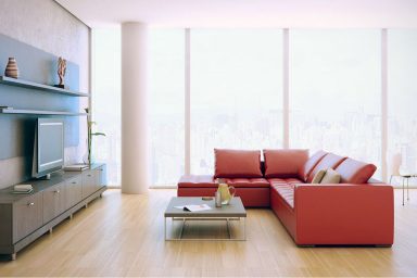 Entertainment Room with Modern Red Couch