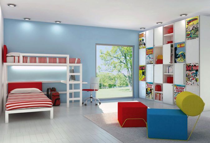 Kids Bedroom with Bunkbeds and Comic Book Storage