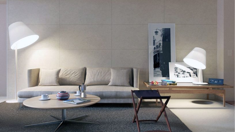 Minimalist Cream Living Room with Grey Rugs