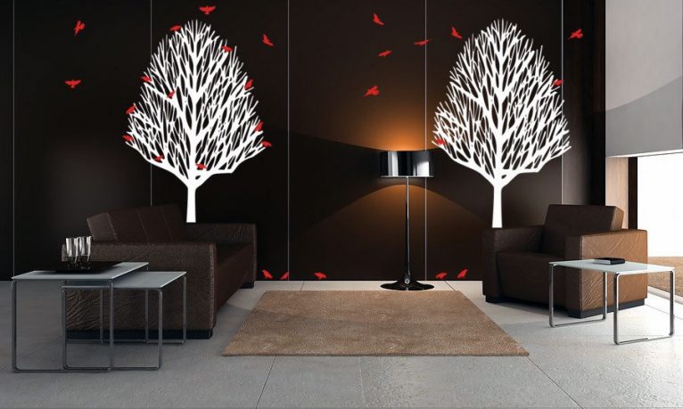 Minimalist Living Room with Trees Birds Wall Decals