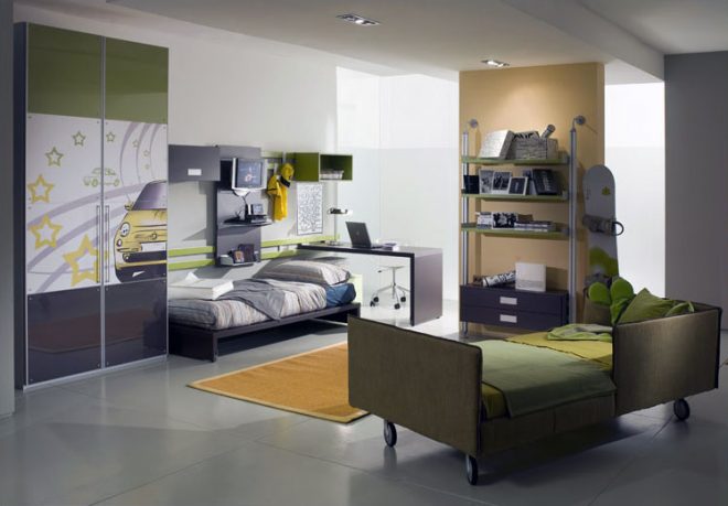 Olive Bedroom Color for Teen with Snowboard
