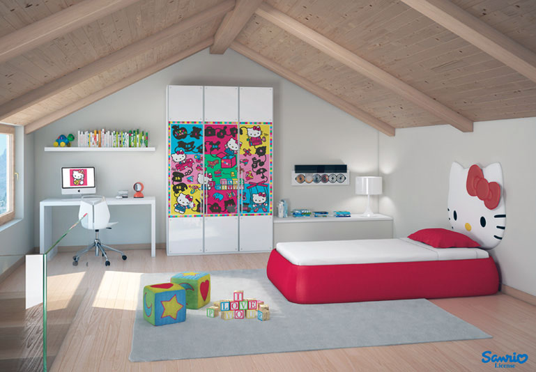 Red White Hello Kitty Room with Wooden Sloping Ceiling - My Home Deco Mag