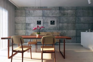 Utilitarian Dining Room with Concrete Block Walls