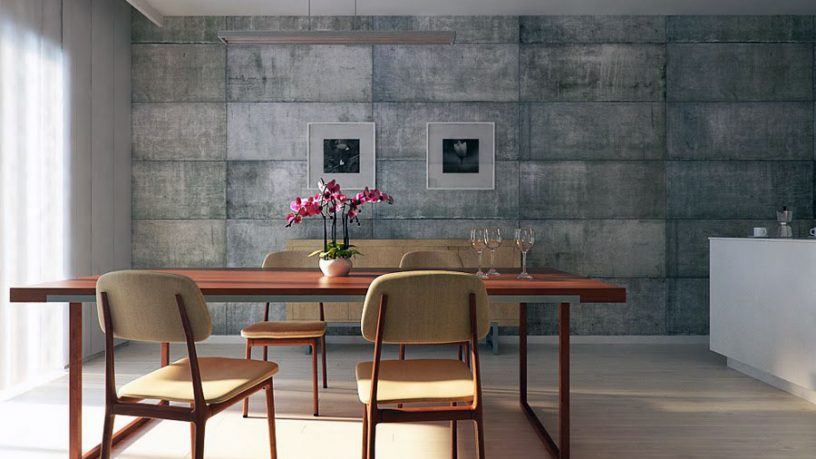 Utilitarian Dining Room with Concrete Block Walls