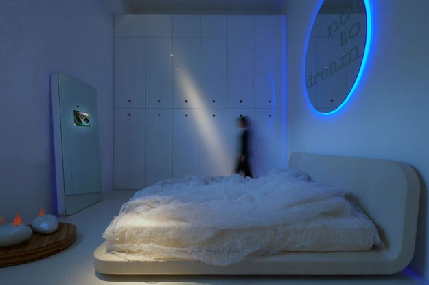 White Bedroom with Patform Bed and Modern Mirror