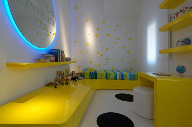 White Bedroom with Yellow Furniture and Blue Mirror Backlit